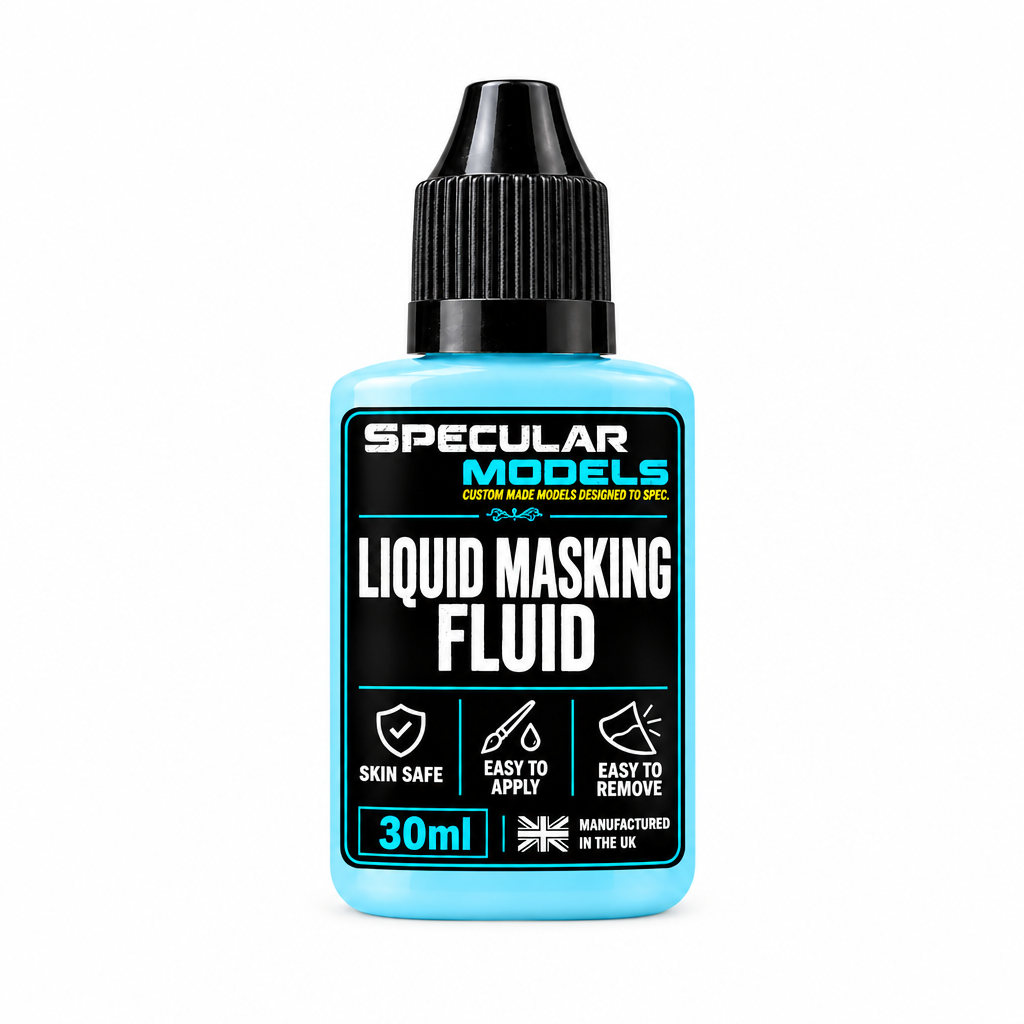 A 30ml bottle of Specular Models Liquid Masking Fluid. The product features a bright light blue bottle with a black ribbed cap and a black label with white and blue text.